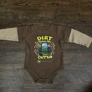John Deere Baby Bodysuit 9/12M Brown Tan Long Sleeve Tractor Dirt Makes Me Cuter